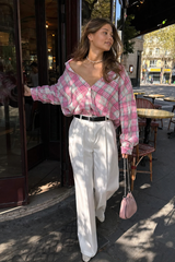 Pink Plaid Loose Fit Button-Up Blouse