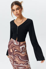 Crop Ribbed Zipper Front Long Sleeve Blouse