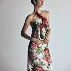 Satin Rosette Decor Halter Long Dress