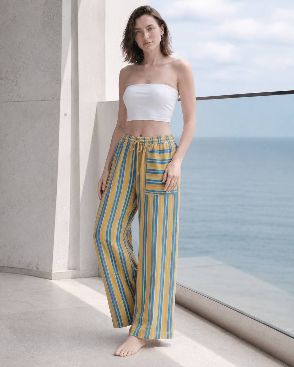 Beach Style Striped Drawstring Wide Leg Pants
