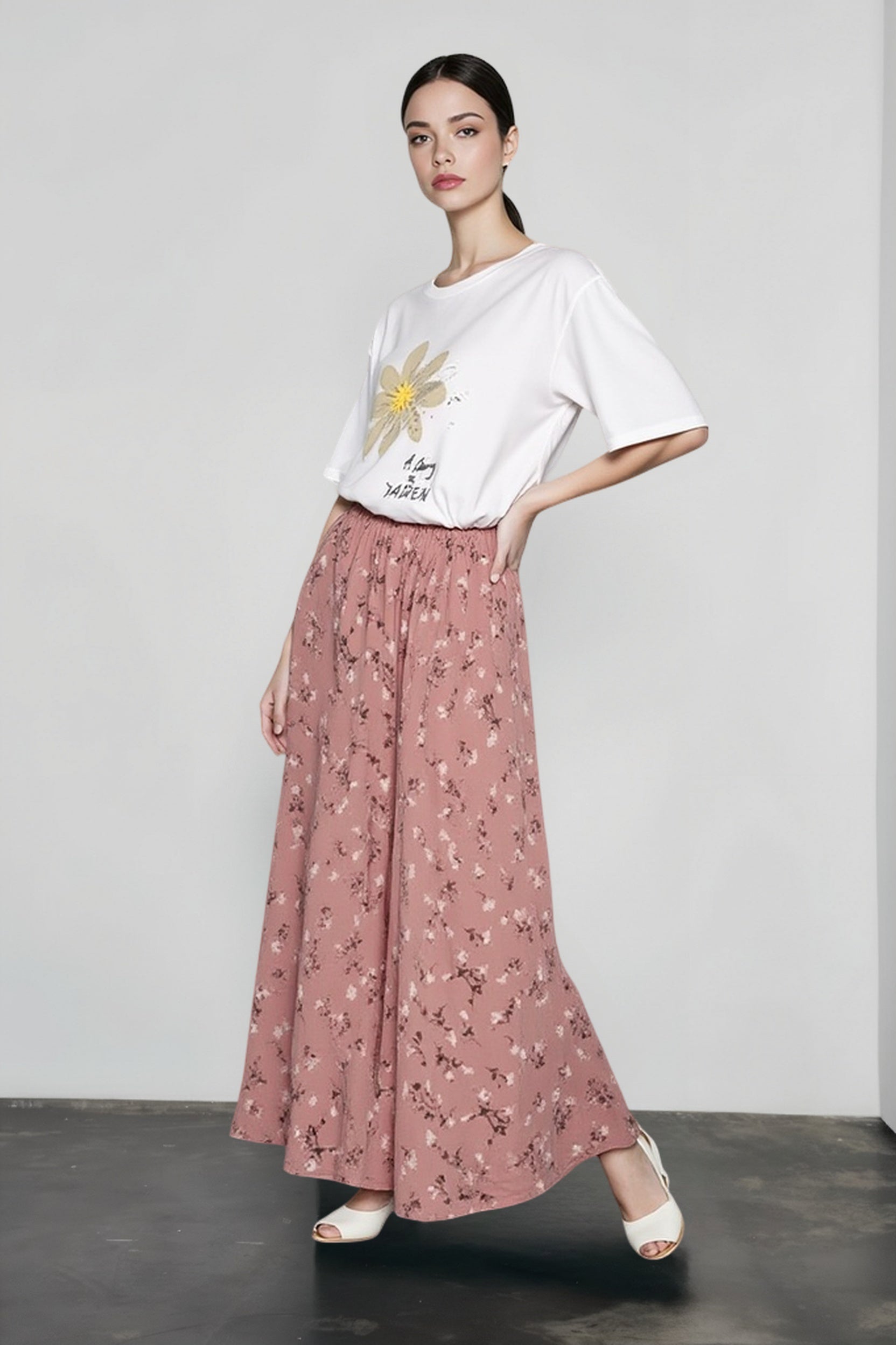 Vintage Floral Print A-line Pleated Streetwear Drawstring Midi Skirt