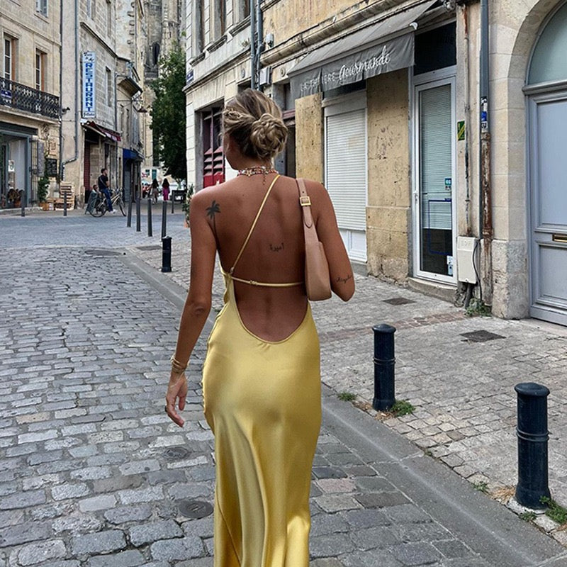 Satin Backless Split Thigh Long Dress