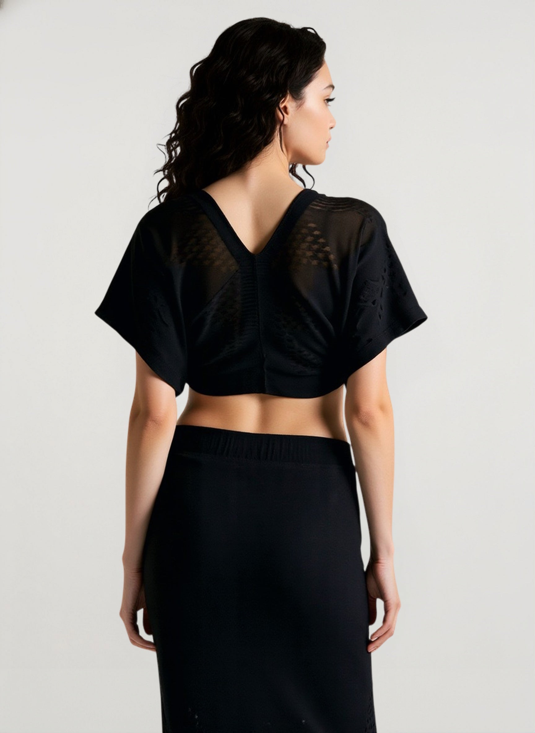 Knit Openwork V-Neck Cropped Bodycon Two Piece Set