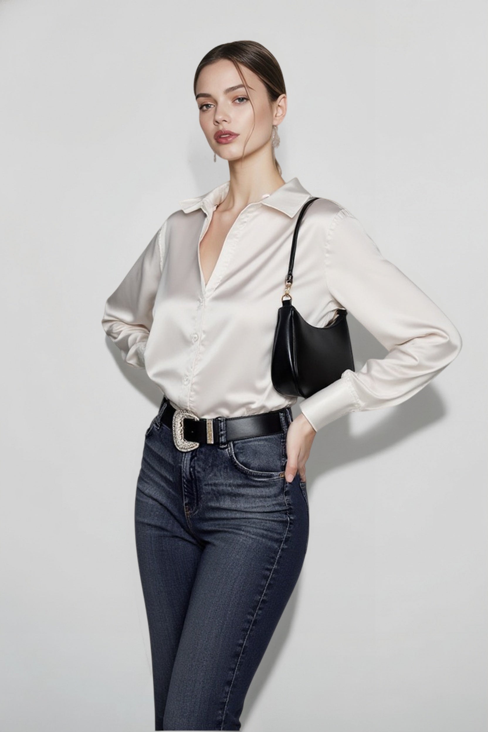 Lace Leather Panel Sheer  Long Sleeve Chic Blouse