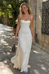 Vintage Cream Strap Floral Backless Maxi Dress