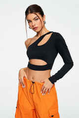 Asymmetrical Neck Cut Out One Sleeve Crop Top