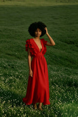 V Neck Ruffled High Waist Dress