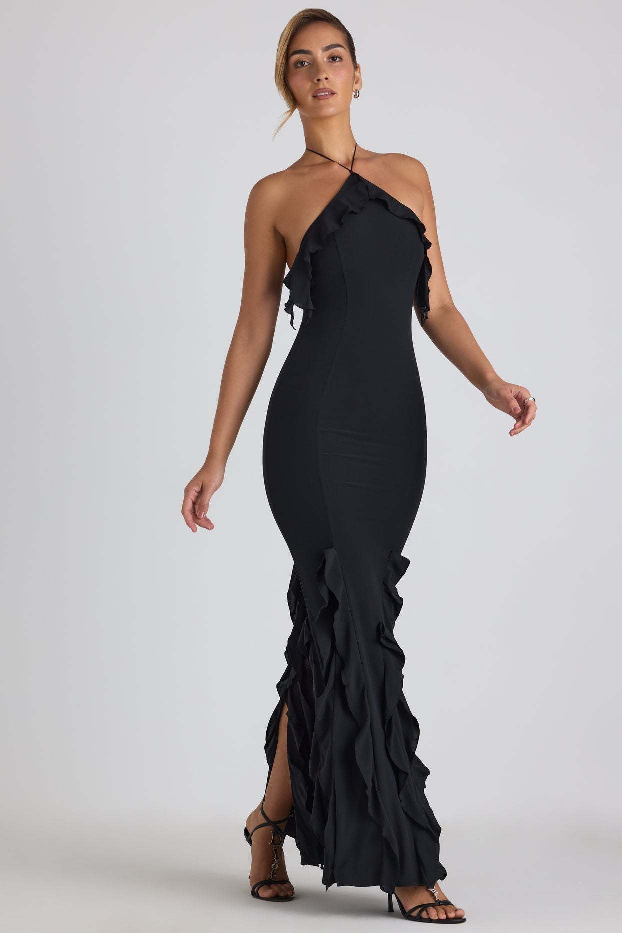 Ruffle-Trim Halterneck Gown