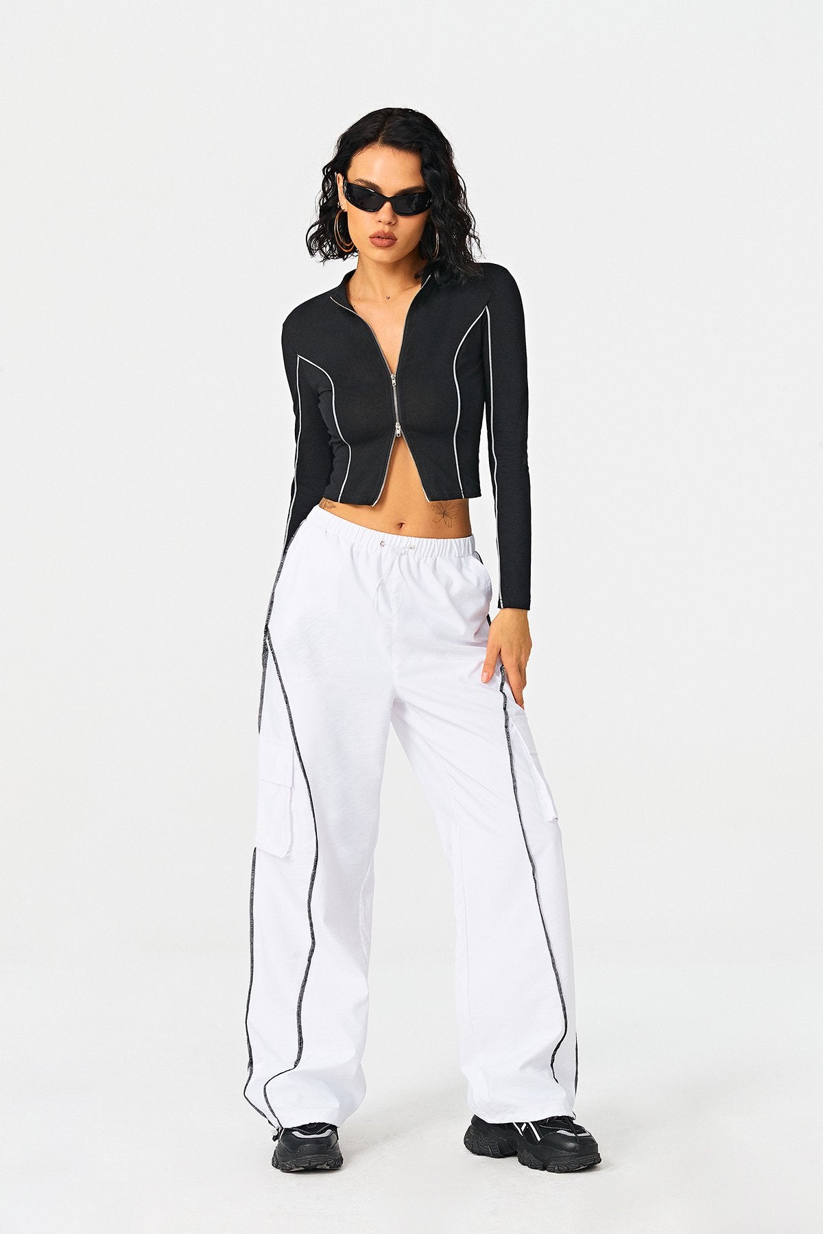 Lapel Neck Colorblock Trim Zip Up Long Sleeve Top