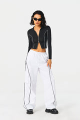 Lapel Neck Colorblock Trim Zip Up Long Sleeve Top
