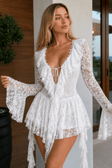 Lace Ruffle Tie Long Sleeve Mini Dress