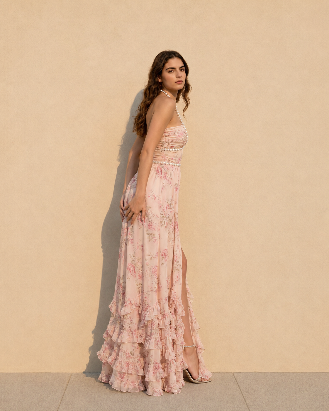 Elegant Floral Pearl Cami Flared Maxi Dress