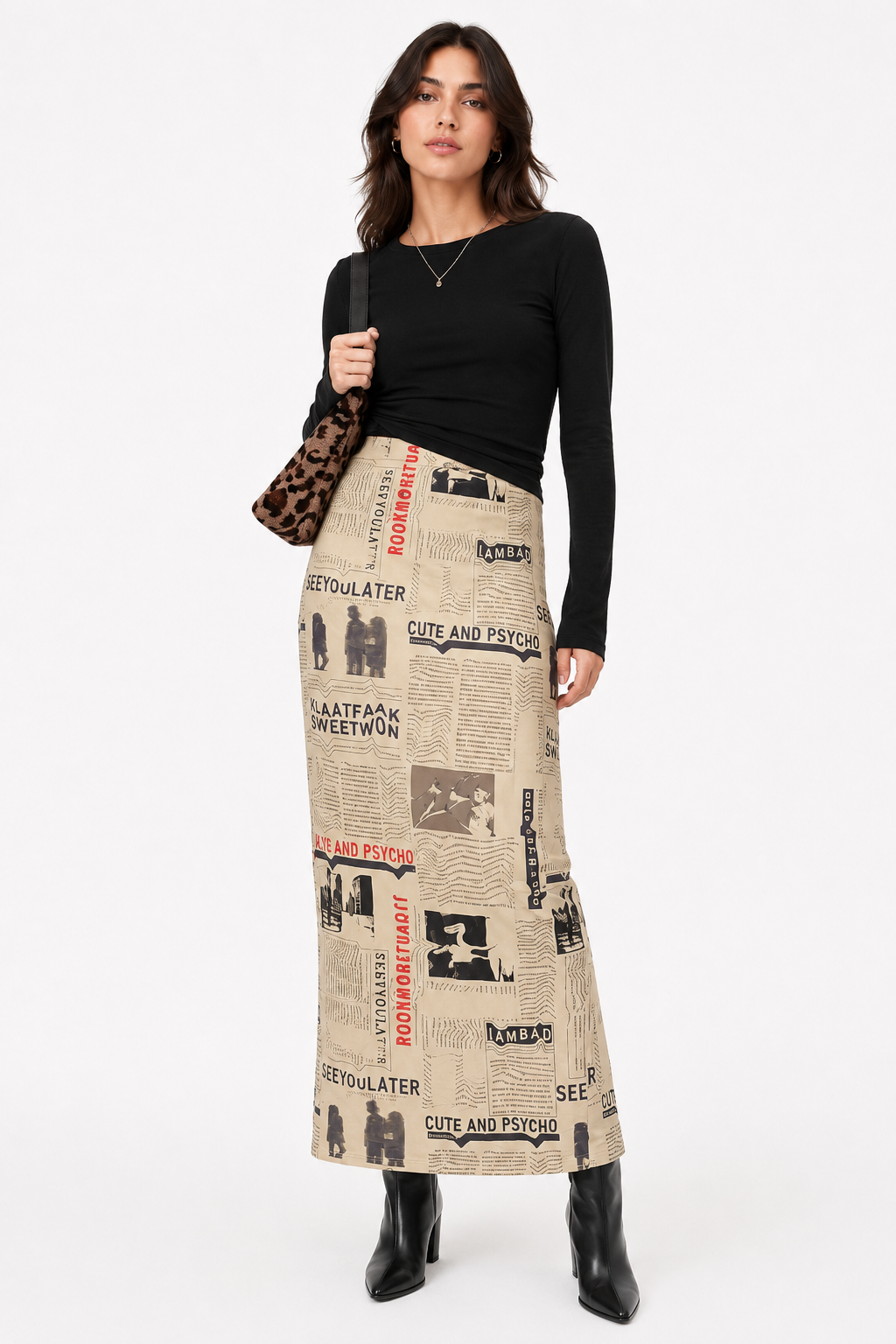 Y2K Vintage Newspaper Split Skirt