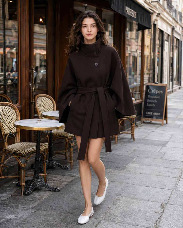 Button Up Stand Collar Cape Coat