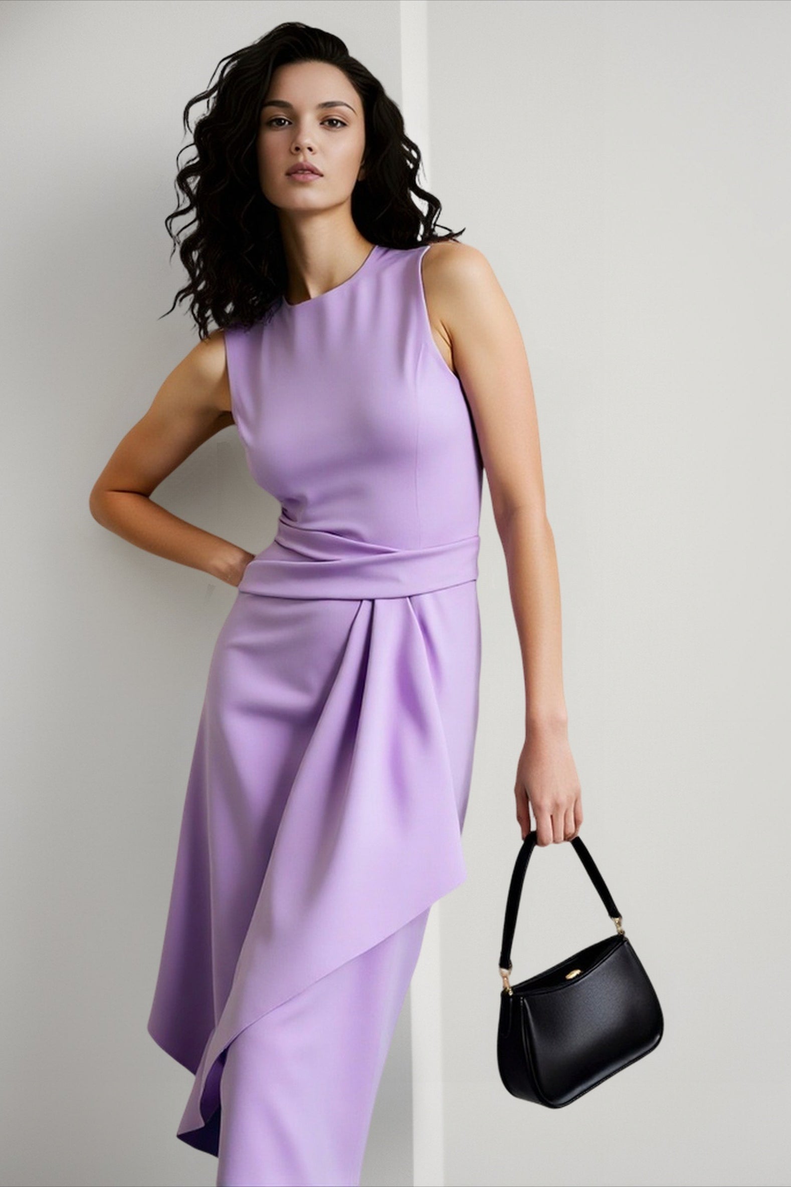 Solid Waisted Sleeveless Asymmetrical Long Work Dress