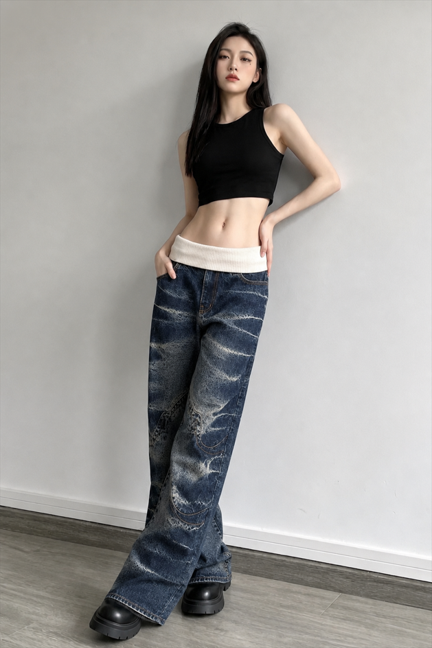 Washed Distressed Sporty Waist Wide Leg Jeans