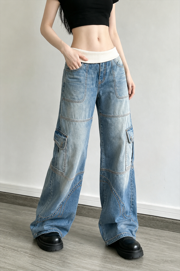 Washed Distressed Sporty Waist Wide Leg Jeans