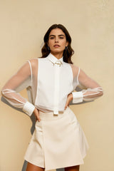 Lapel Long Sleeve Mesh Patchwork Blouse