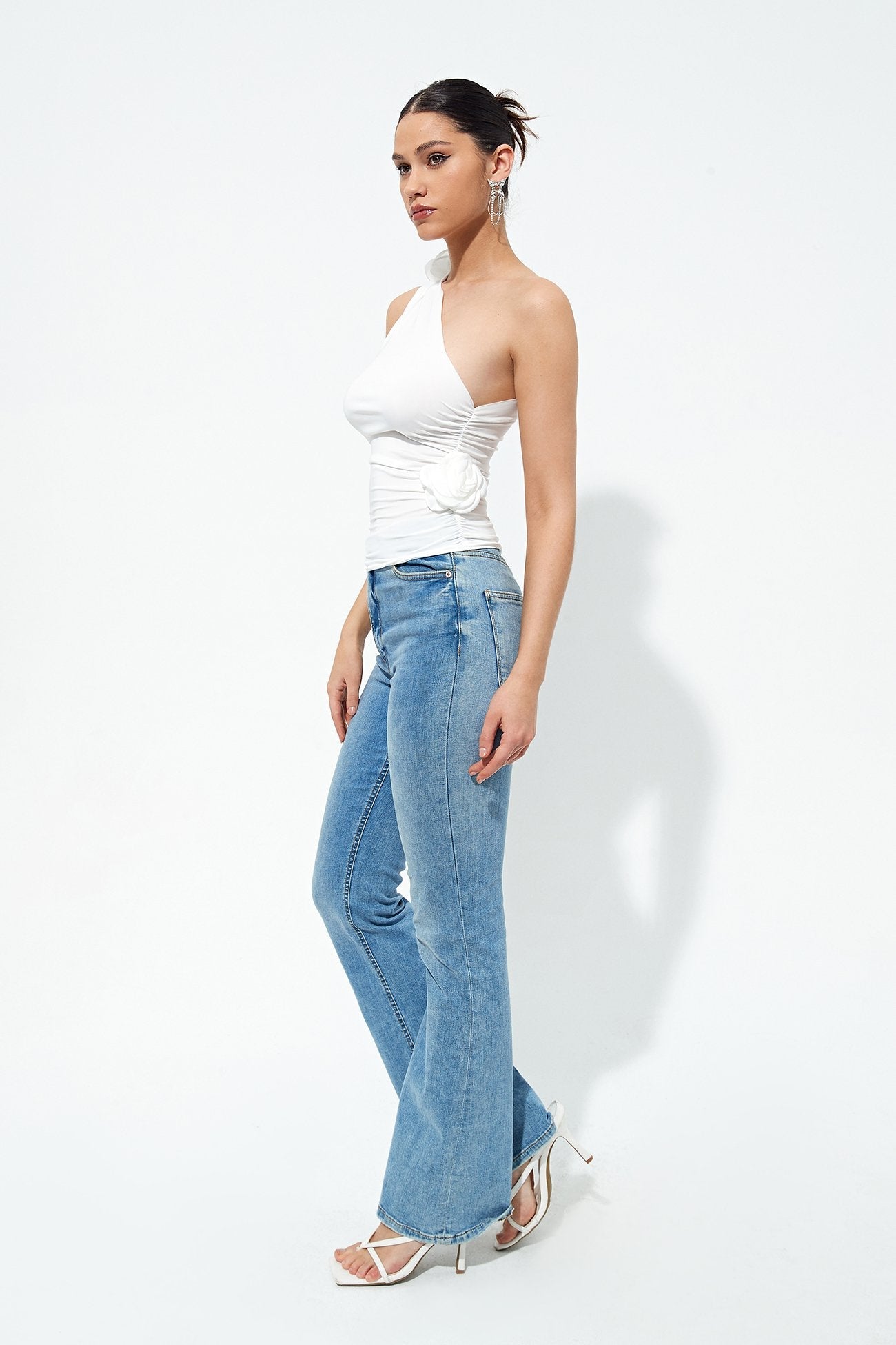One Shoulder Three-dimensional Flower Ruched Top
