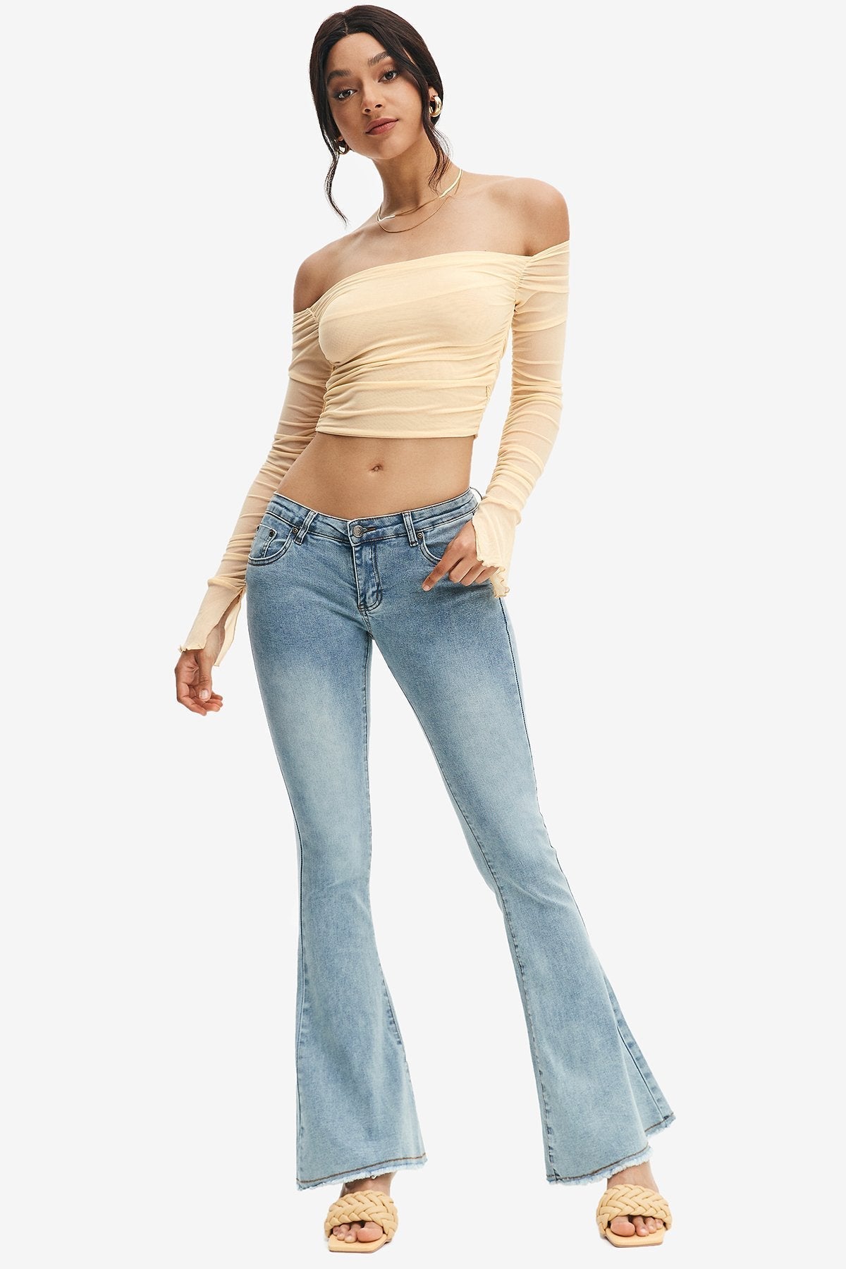 Mesh Off Shoulder Long Sleeve Crop Top