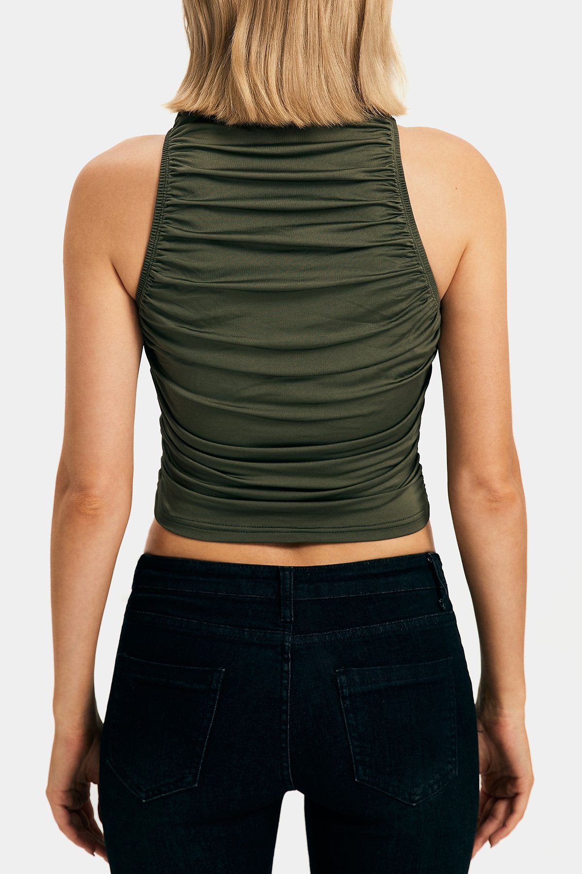 Mock Neck Ruched Sleeveless Crop Top