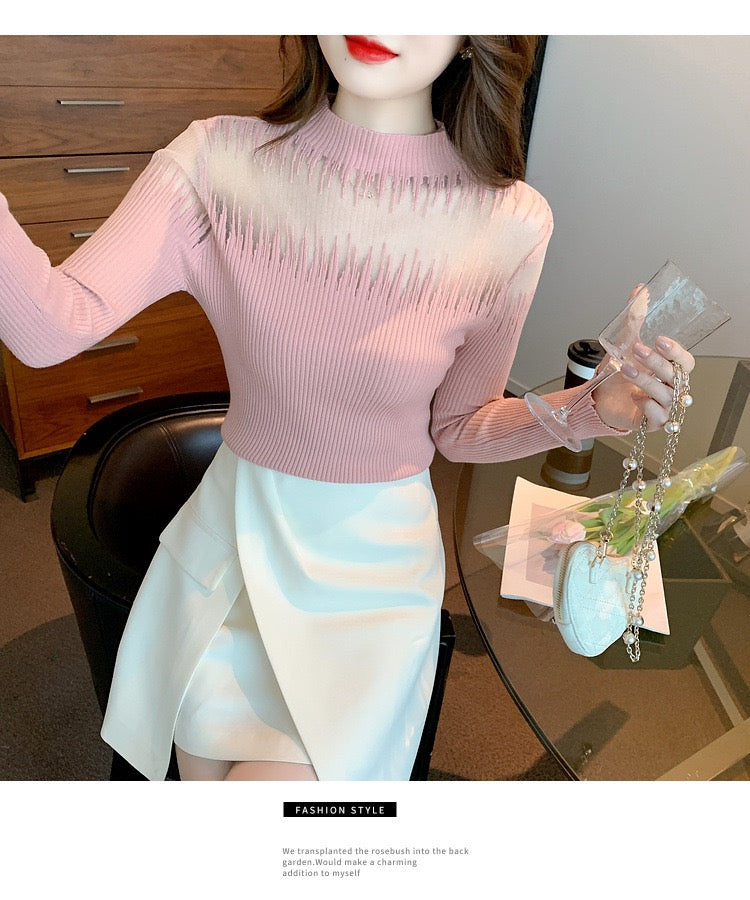Mock Neck Sheer Panel Knit Top