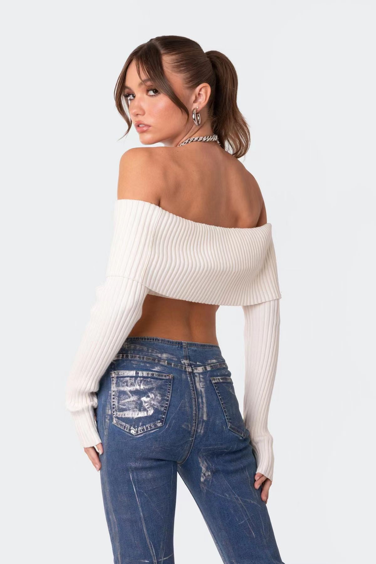 Off Shoulder Wrap Crop Knit Top