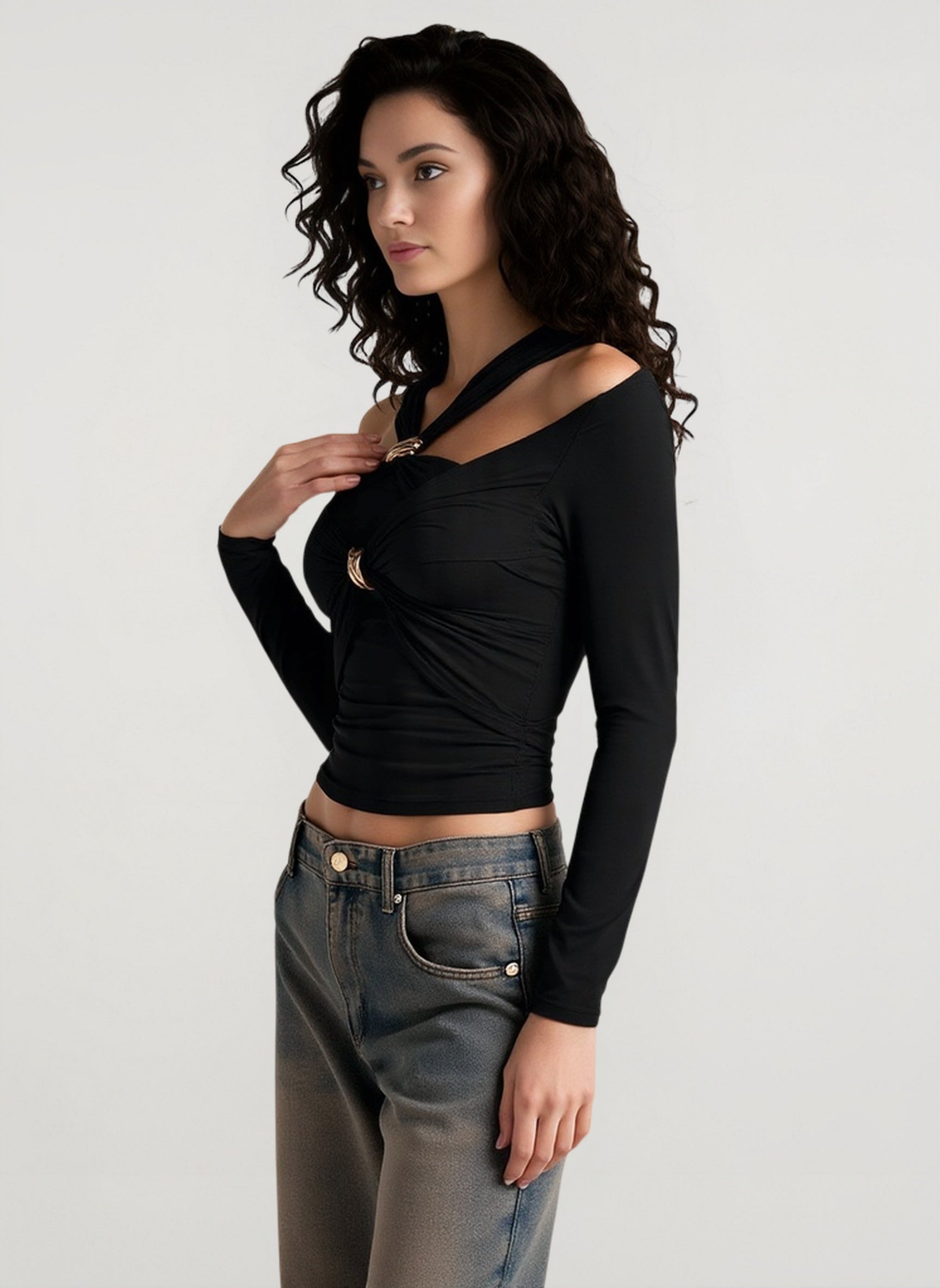 Printed Slim Fitted Crew Neck Cropped Long Sleeve Crop Top