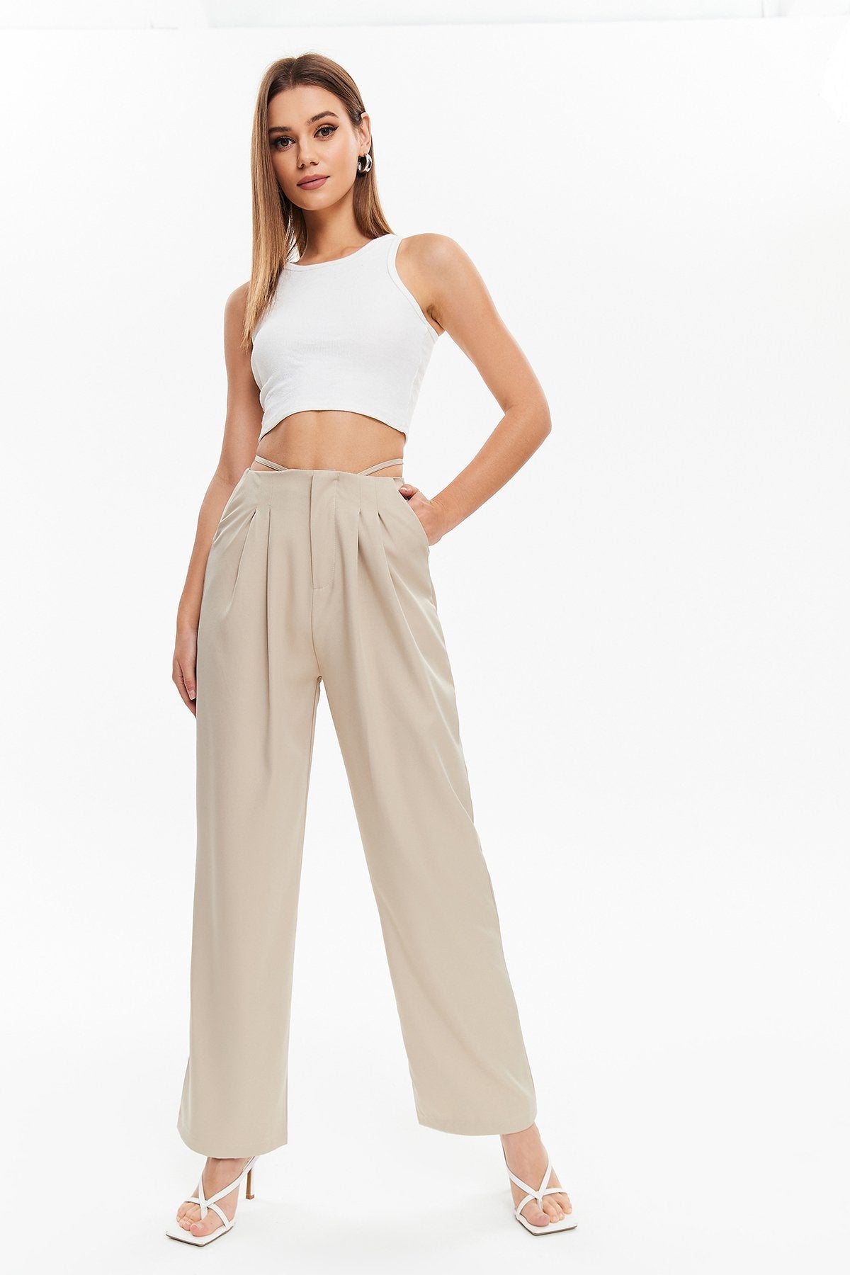 High Waist Tie Back Wide Leg Pants