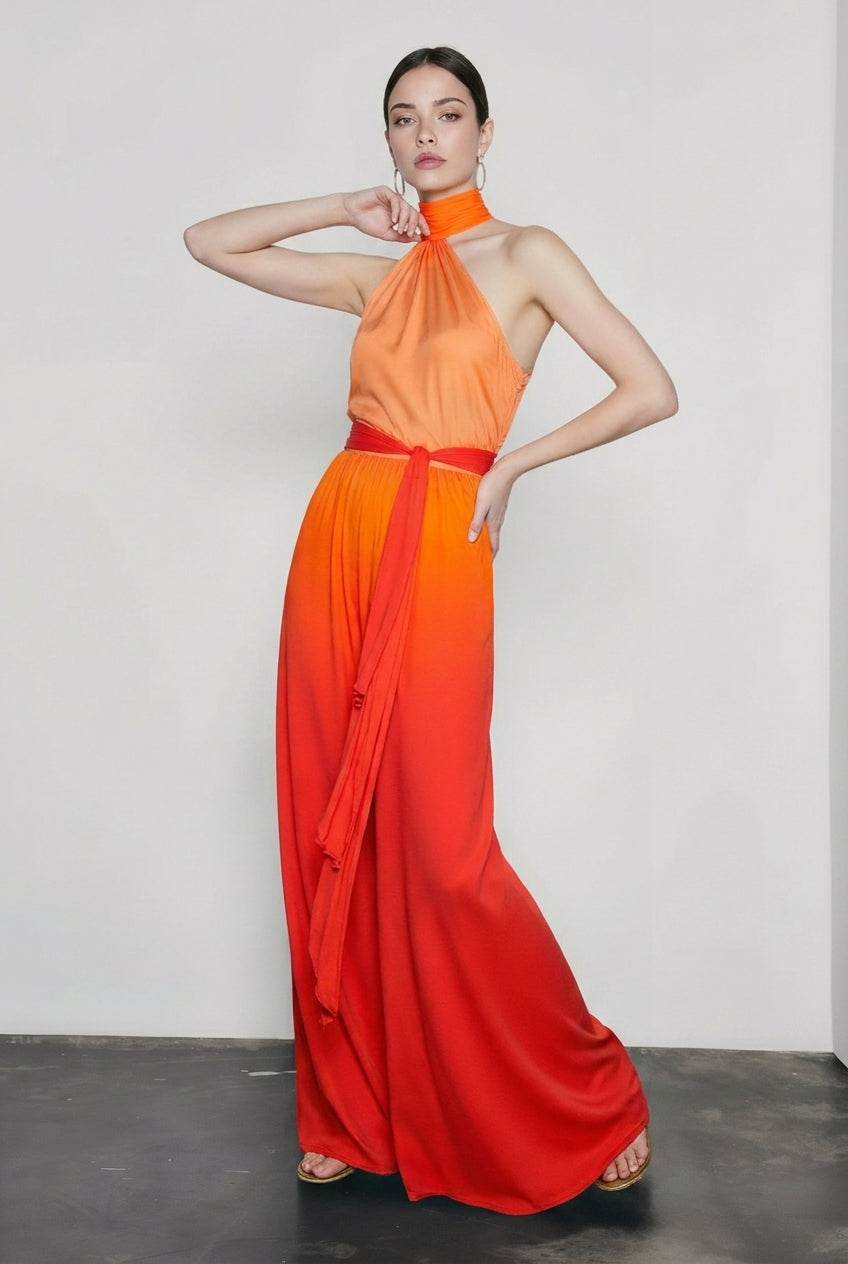 Ombre Halter Tie Back Sleeveless Vacation Dress