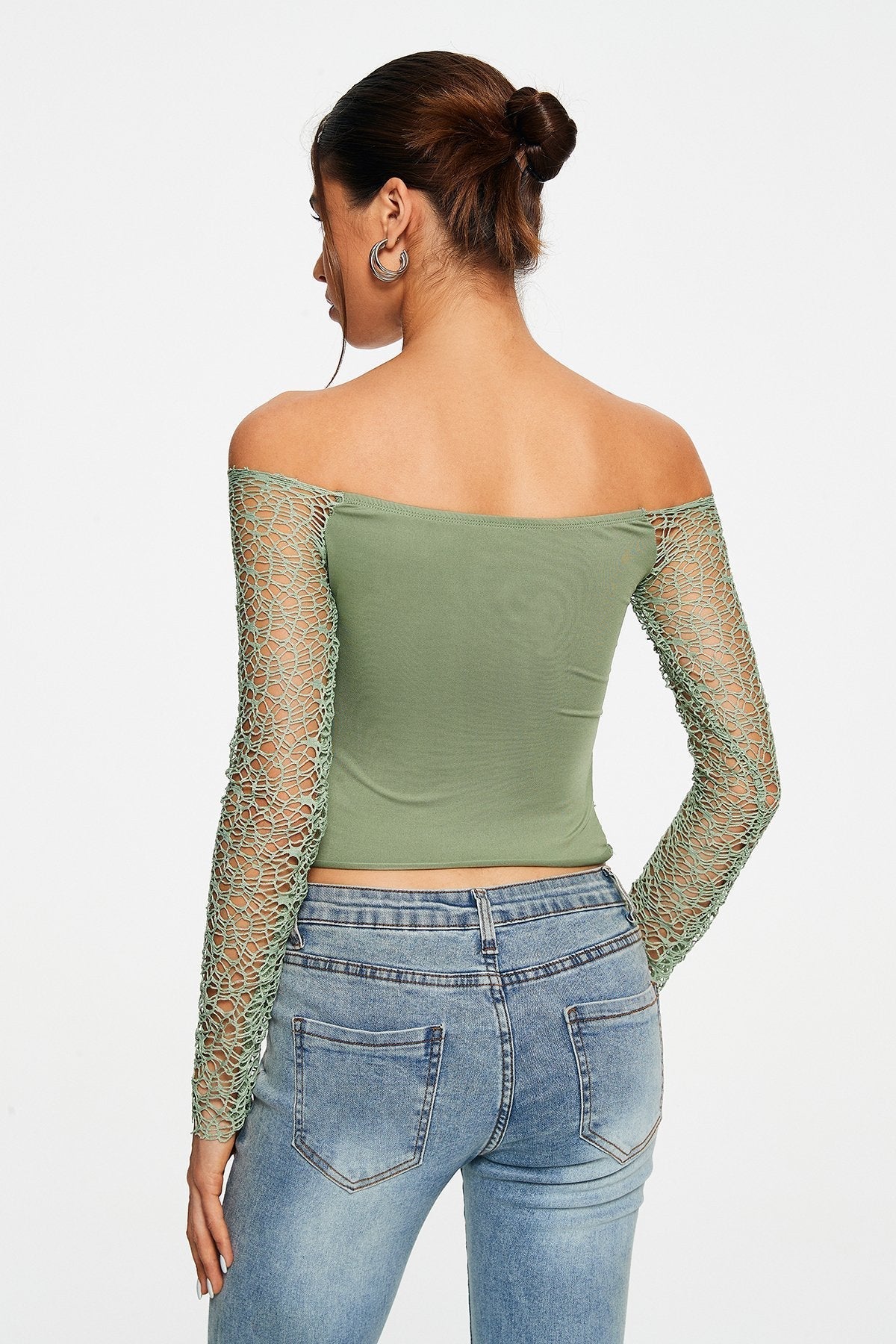 Off Shoulder Cut Out Crochet Splicing Long Sleeve Top