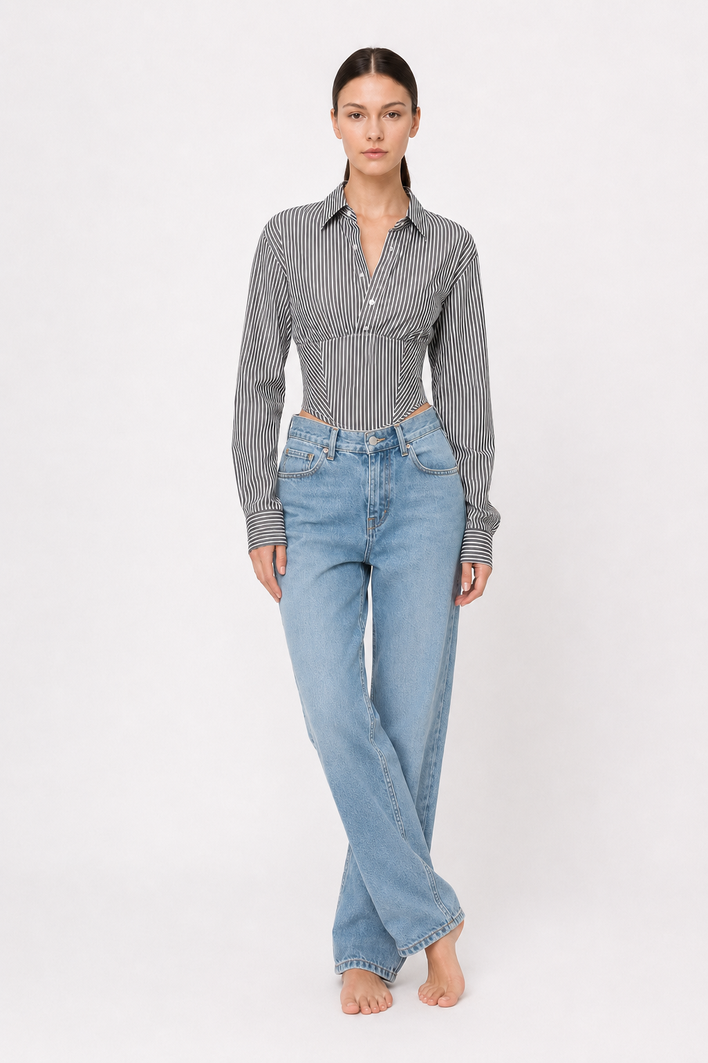 Striped Waist Cinched Collared Short Blouse