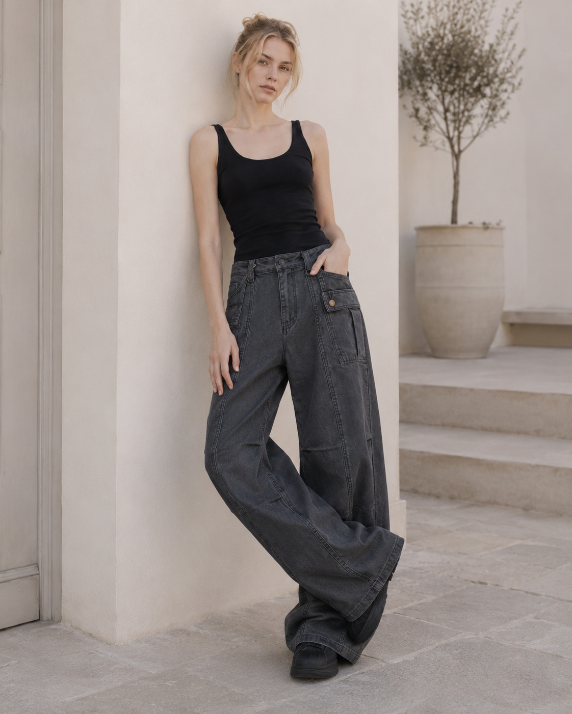 Washed Multi Pocket Flared Cargo Pants