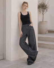 Washed Multi Pocket Flared Cargo Pants