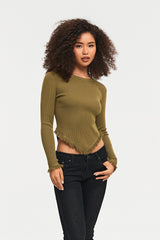 Ribbed Knit Asymmetrical Raw Hem Long Sleeve Sweater