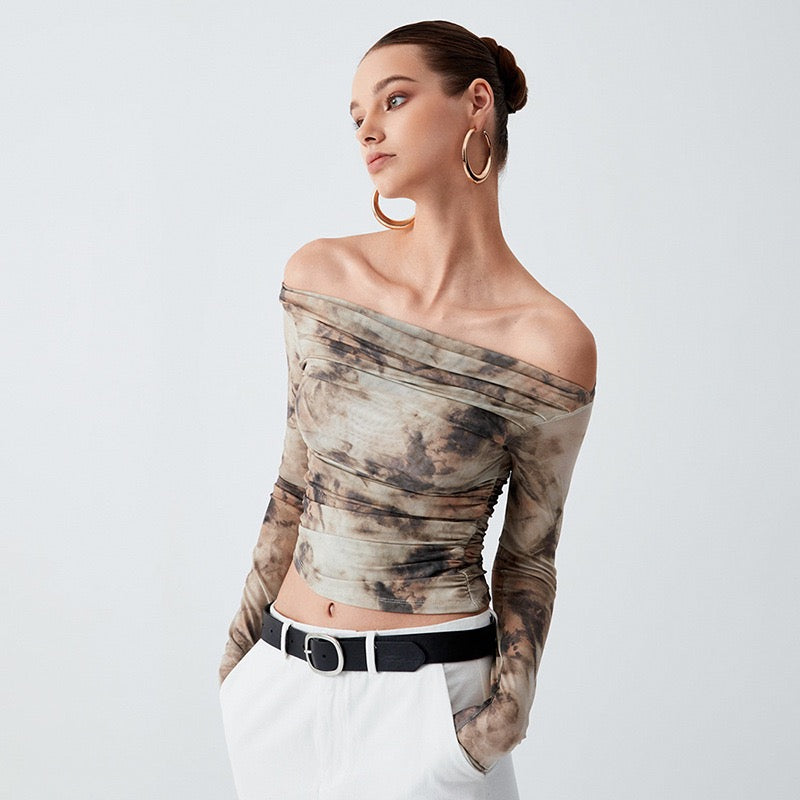Trendy Abstract Mesh Off-Shoulder Top