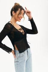 Mesh Lace Up Split Hem Crop Top