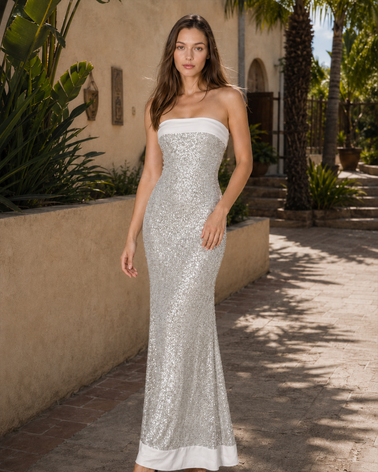 Sexy Strapless Solid Color Slim Fit Long Sequin Prom Dress