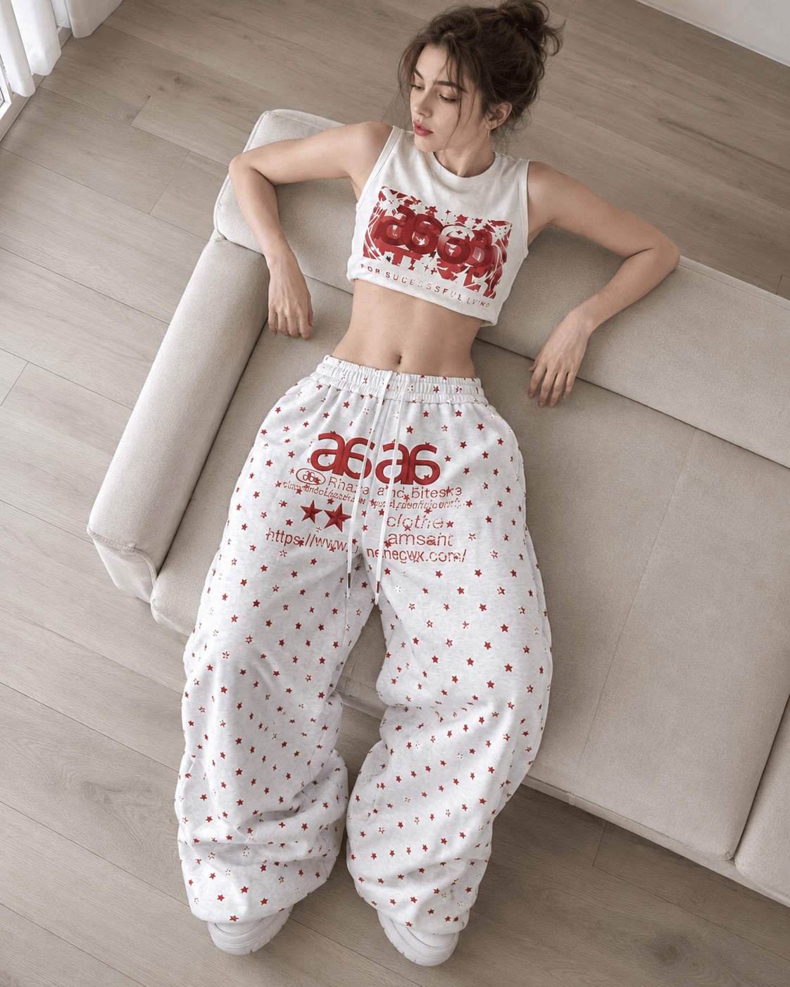 Star Letter Embroidered Cotton Baggy Sweat Pants