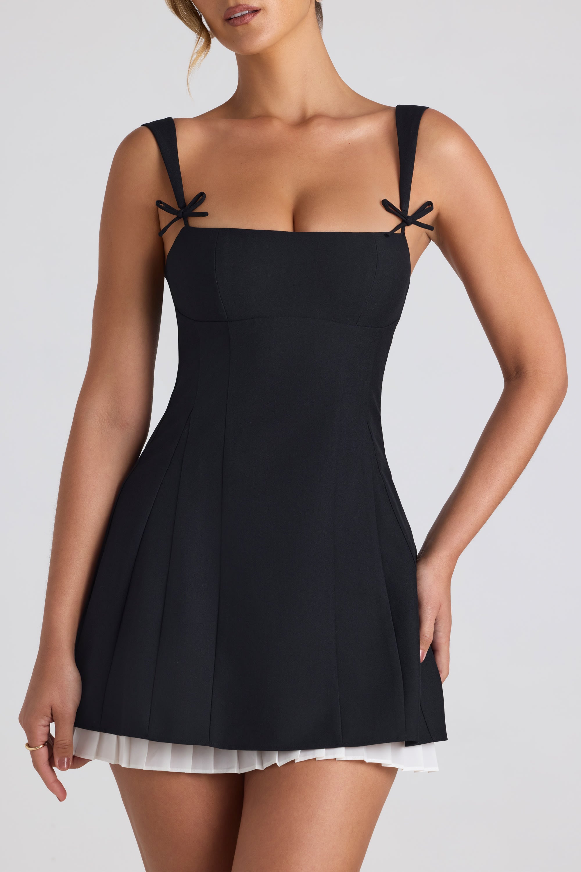 Bow-Detail Pleated A-Line Mini Dress