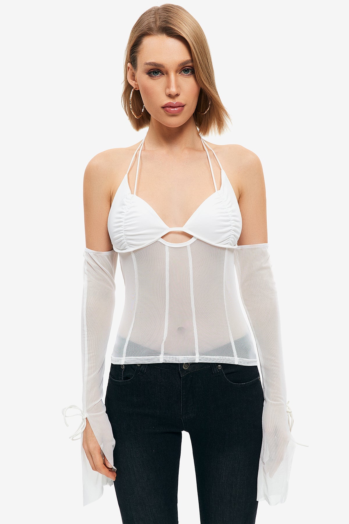 Lace Up Halter Neck Mesh Splicing Long Sleeve Top