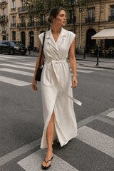 Linen Cotton High Waist Slit Tie Maxi Dress