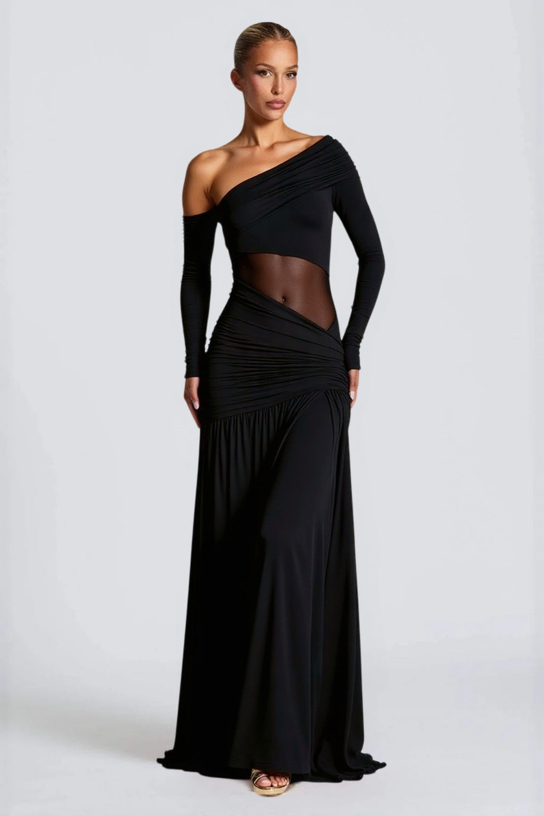 Slim Fit Round Neck Ruched Sheer Bodycon Formal Dress