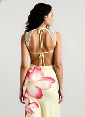Floral Print Off Shoulder Lace Patchwork Cami Backless Maxi Dress