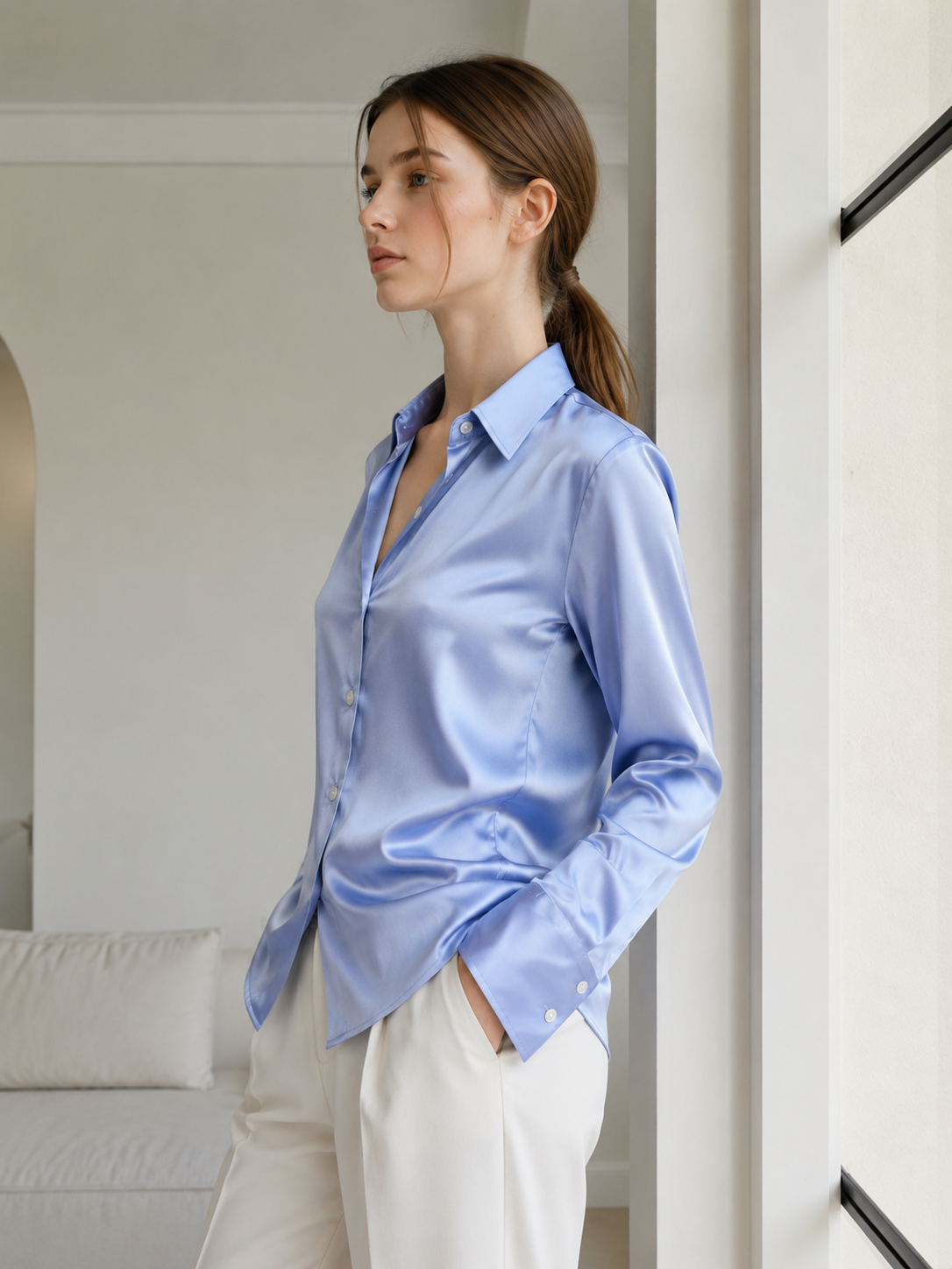 Slim Fit Collared Buttoned Long Sleeve Blouse