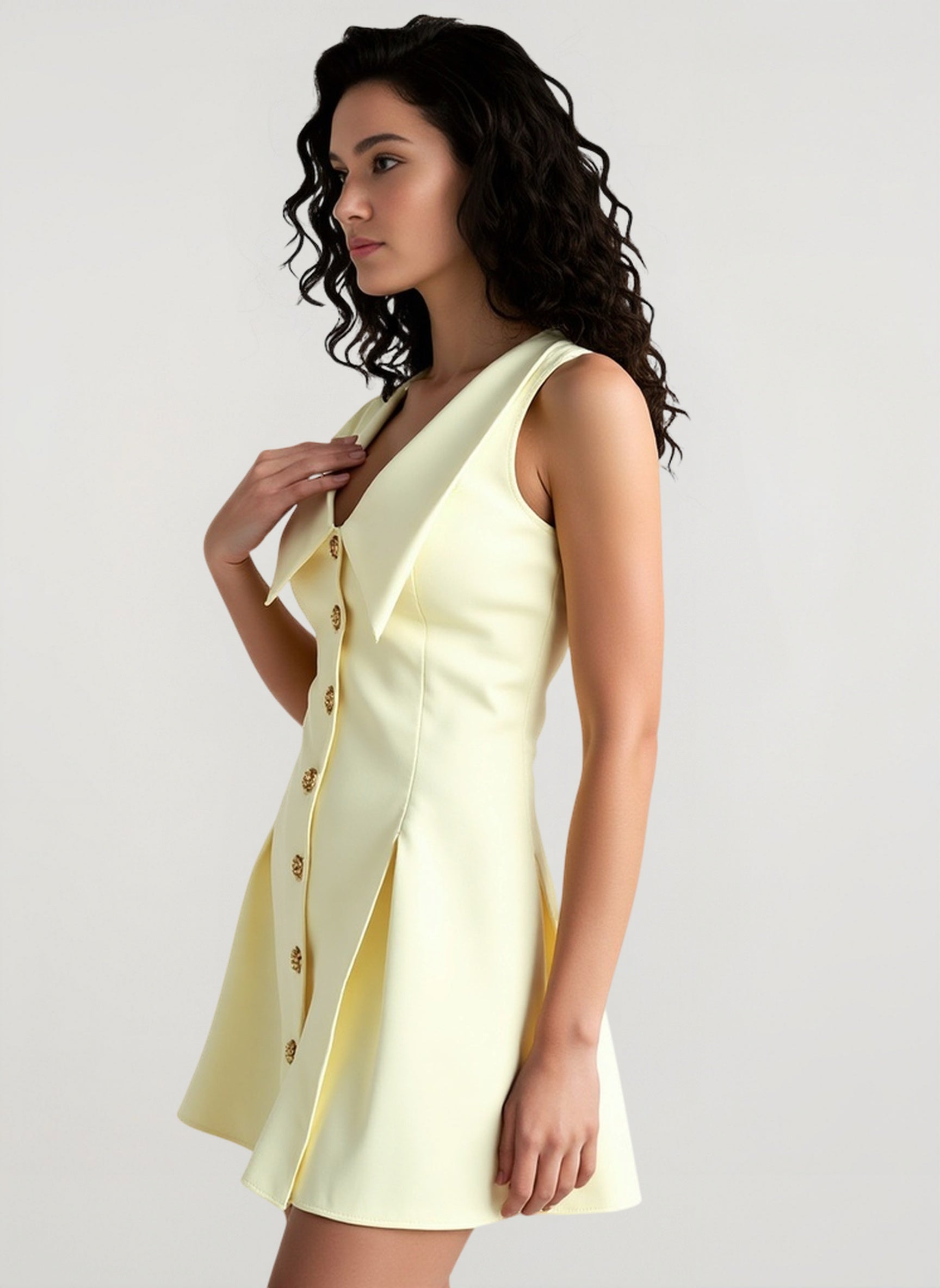 Simple Sleeveless Lapel Button Waist Mini Dress