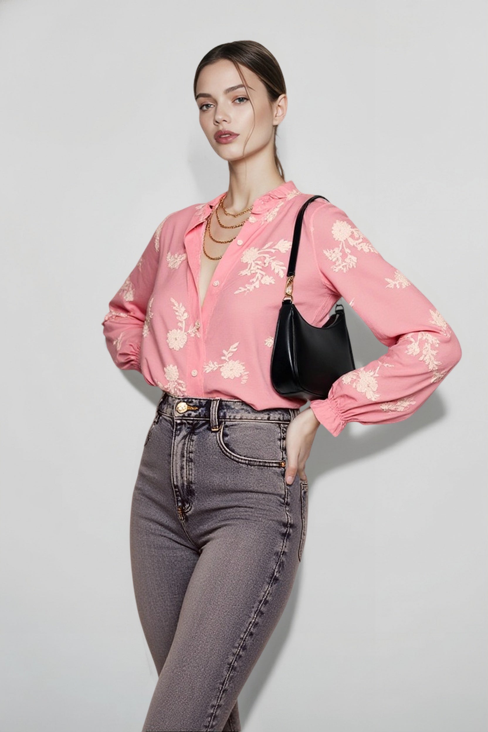 Printed Collared Lantern Sleeve Elegant Long Sleeve Blouse
