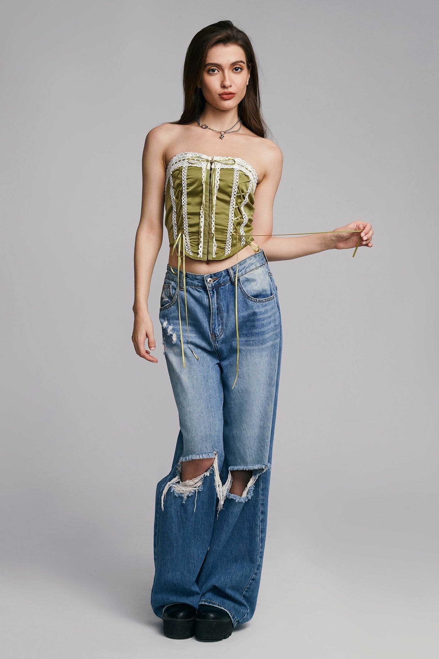 Off Shoulder Lace Up Curved Hem Corset Top