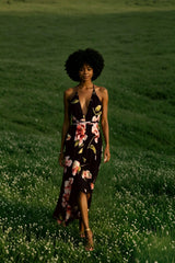 Summer Floral  Pleated Backless Robe Evenning- Midi Dresses