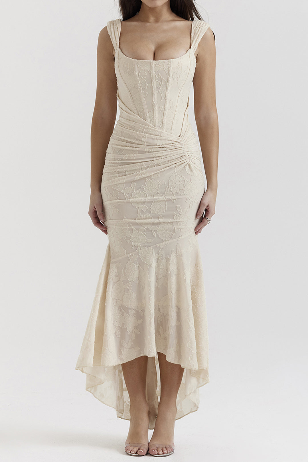 Floral Pattern Asymmetrical Hem Ruched Mermaid Sleeveless Maxi Dress